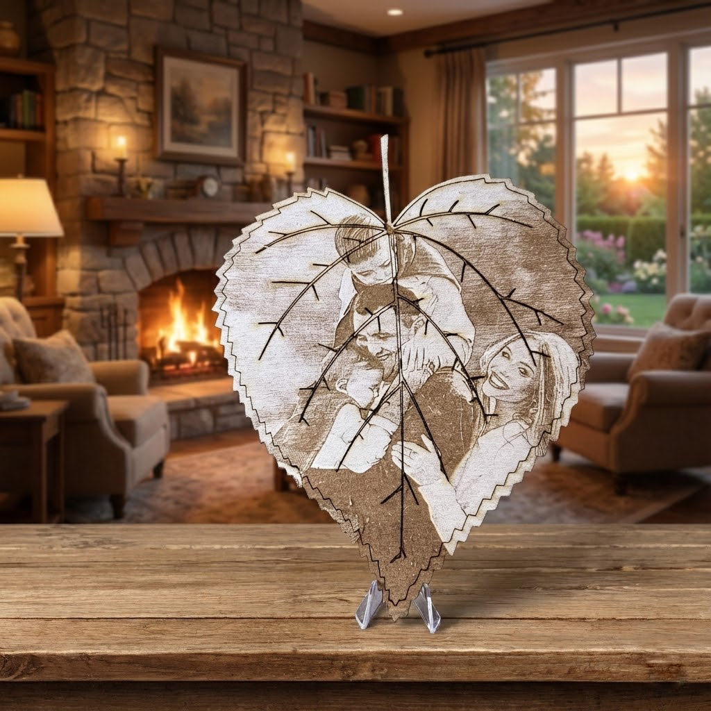 La Foglia dei Ricordi™ – Ritratto personalizzato Inciso su Legno a Forma di Foglia