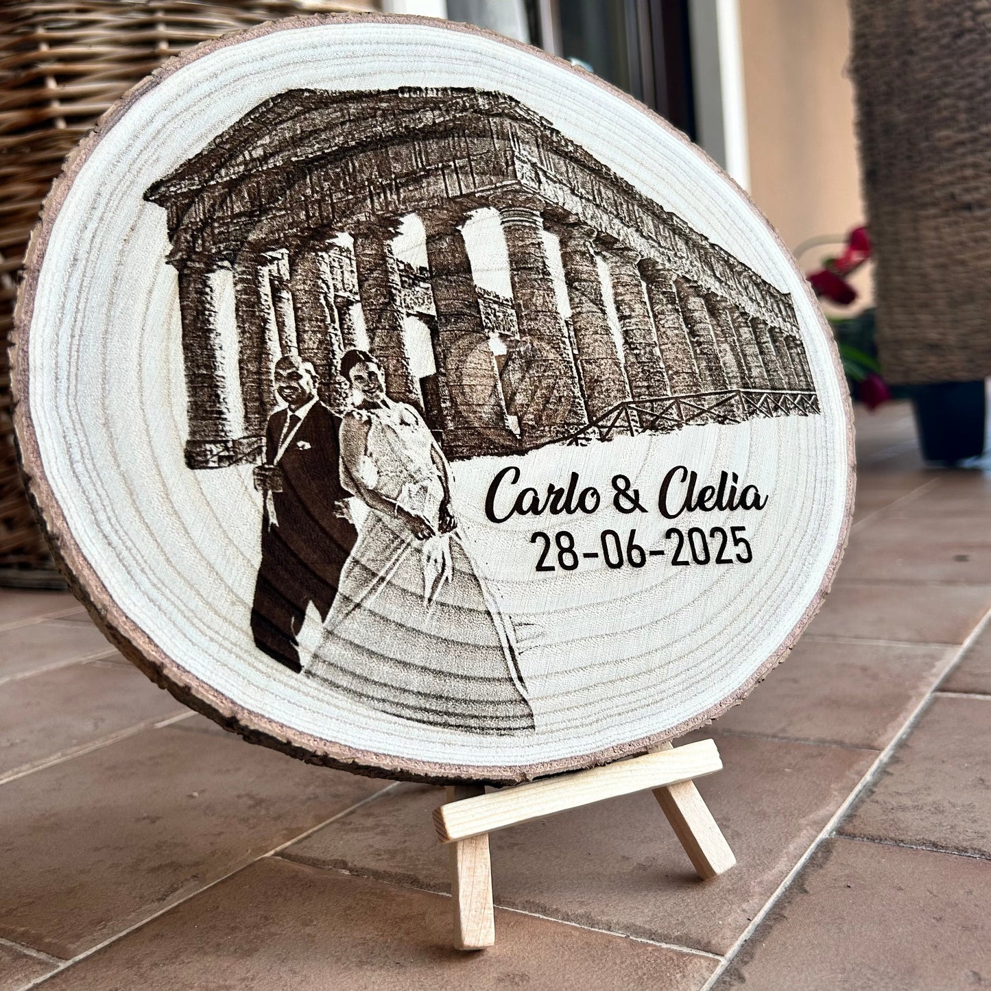DISCO IN LEGNO NATURALE CON FOTO INCISA