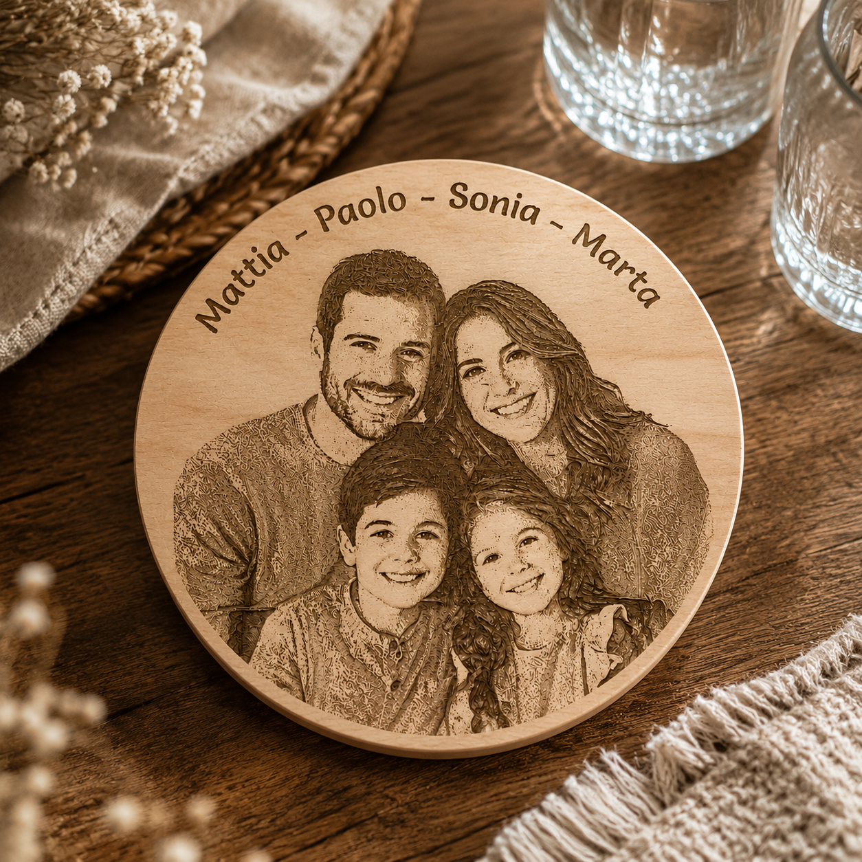 Sottobicchiere rotondo in Legno Grezzo Naturale personalizzabile con Foto e Testo