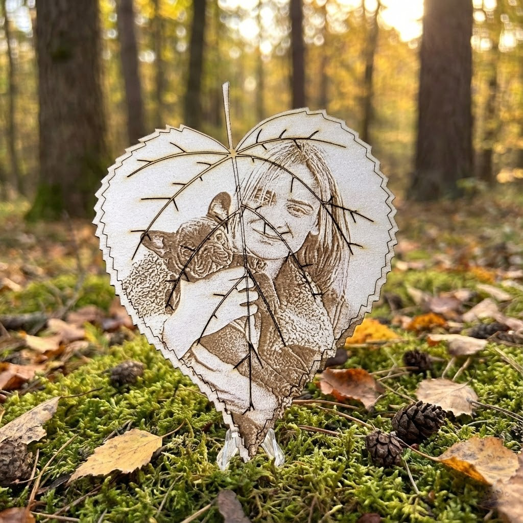 La Foglia dei Ricordi™ – Ritratto personalizzato Inciso su Legno a Forma di Foglia